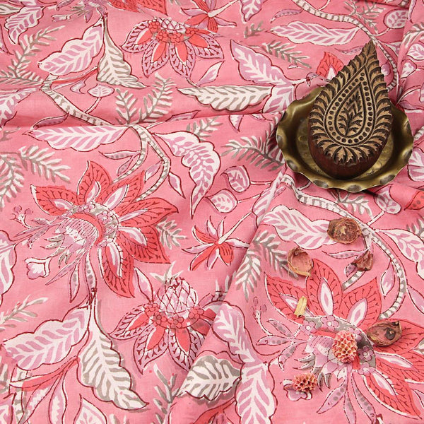 Pink Tropical Sanganeri Cotton Fabric