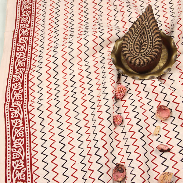 Bagh White Red Chevron Hand Block Printed Cotton Fabric