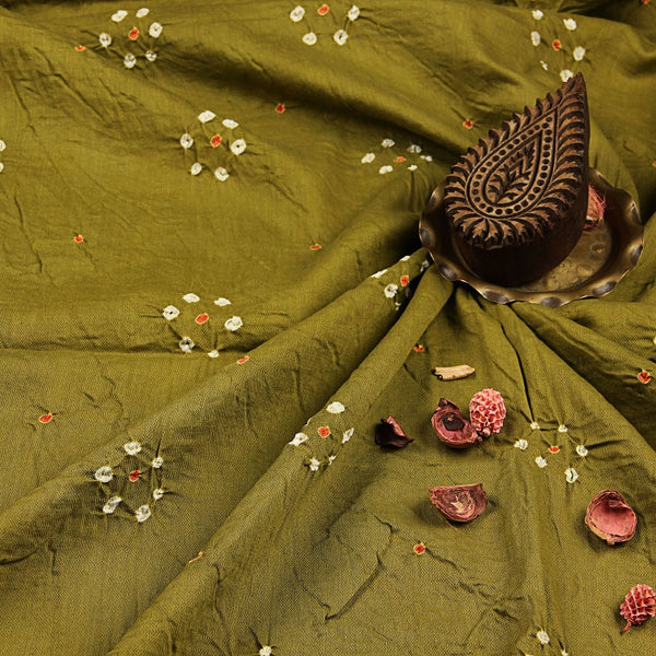 Olive Green Small Flower Butti Bandhej Cotton Fabric