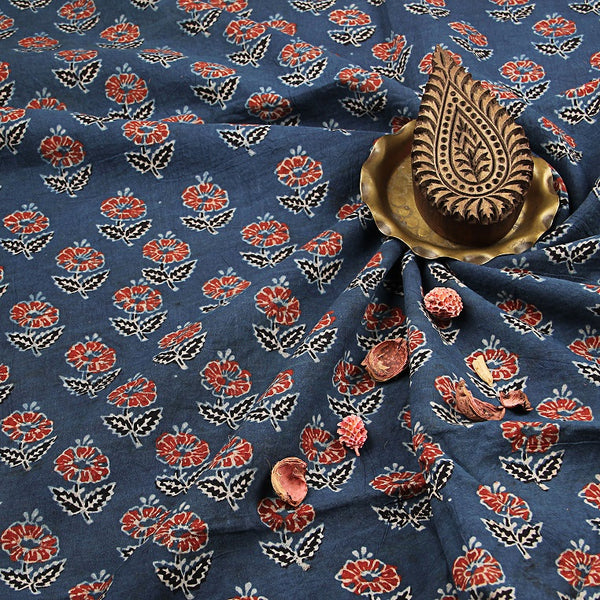 Indigo & Red Hibiscus Butti Ajrakh Handblock Printed Cotton Fabric