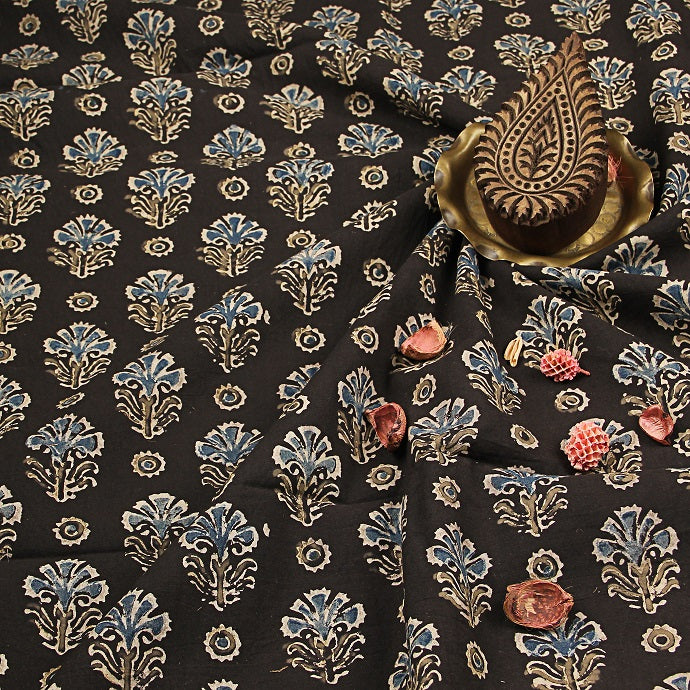 Black & Indigo Jasmine Butti Ajrakh Handblock Printed Cotton Fabric
