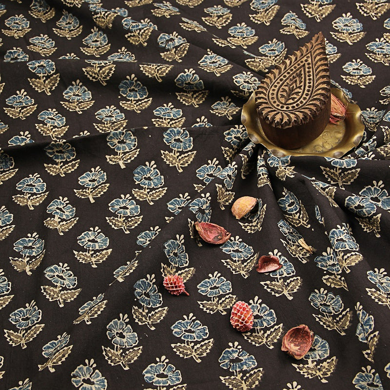 Black Ajrakh Hibiscus Butti Hand Block Printed Cotton Fabric