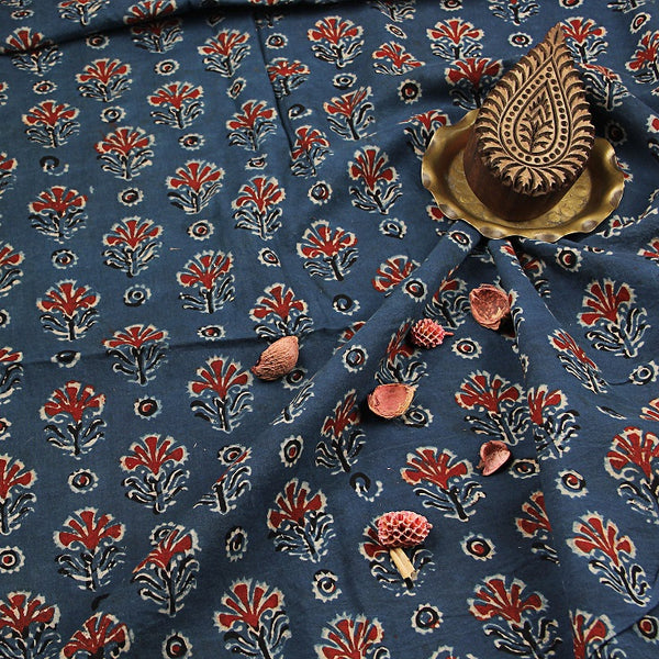 Indigo Small Jasmine Butti Ajrakh Handblock Printed Cotton Fabric