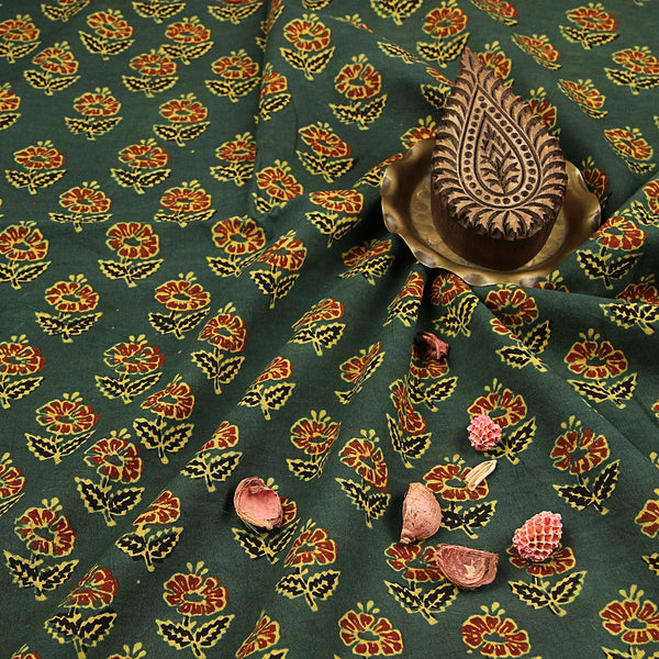 Dark Green Hibiscus Butti Ajrakh Handblock Printed Cotton Fabric