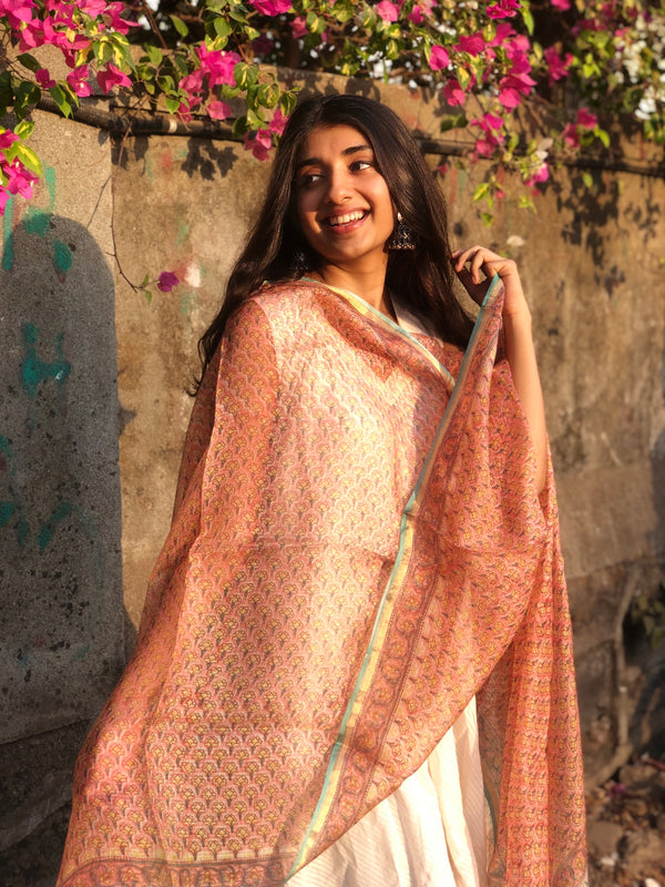 Kesariya Flower Butti Kota Silk Dupatta