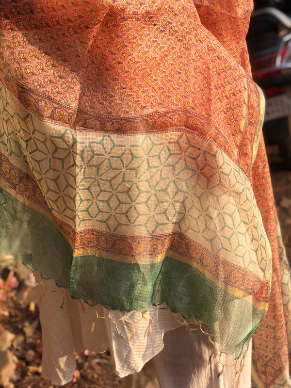 Kesariya Flower Butti Kota Silk Dupatta