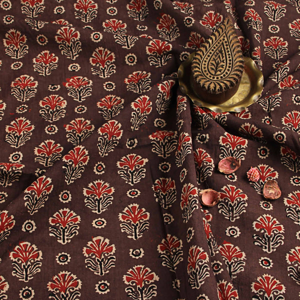 Dark Brown Jasmine Butti Ajrakh Handblock Printed Cotton fabric
