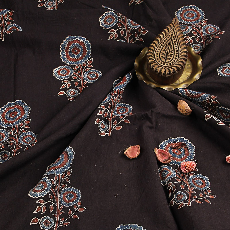 Midnight Phool Butta Ajrakh Handblock Printed Cotton fabric