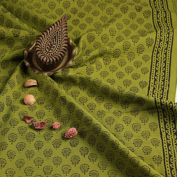 Green Bagru Hand Block Printed Cotton Fabric