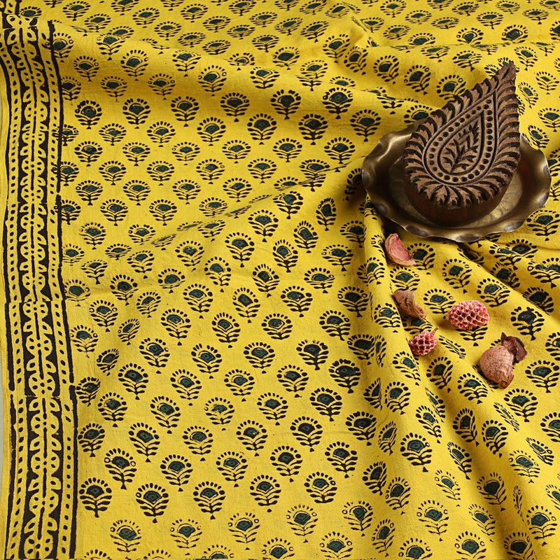 Yellow Small Butti Bagru Hand Block Printed Cotton Fabric