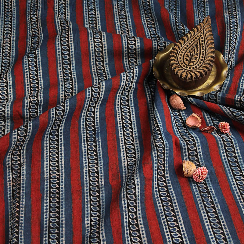 Red-Blue Leaf Border Ajrakh Handblock Printed Cotton Fabric