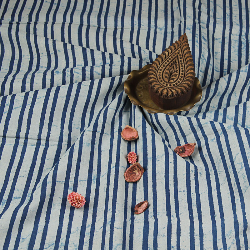 Dabu Hand Block Printed Indigo Striped Natural Dyed Cotton Fabric