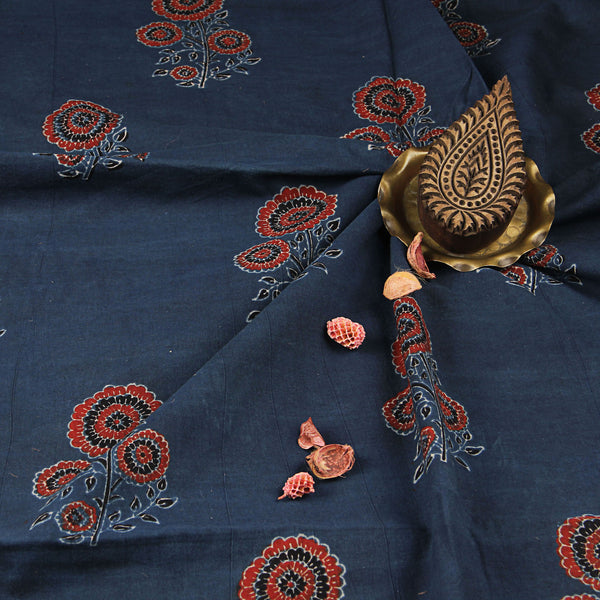 Ajrakh Indigo-Madder Phool Butta Hand Block Printed Cotton Fabric