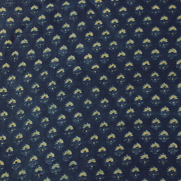 Indigo Ajrakh Small Taaj Butti Hand Block Printed Chanderi Silk Fabric