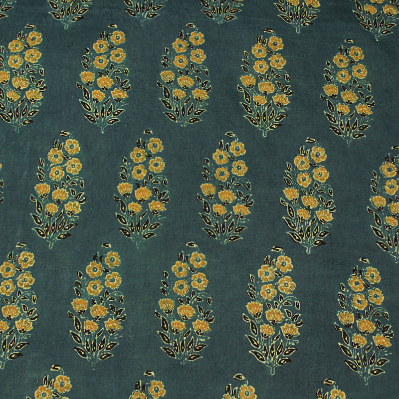 Ajrakh Mustard Floral Bunch Hand Block Printed Cotton Fabric