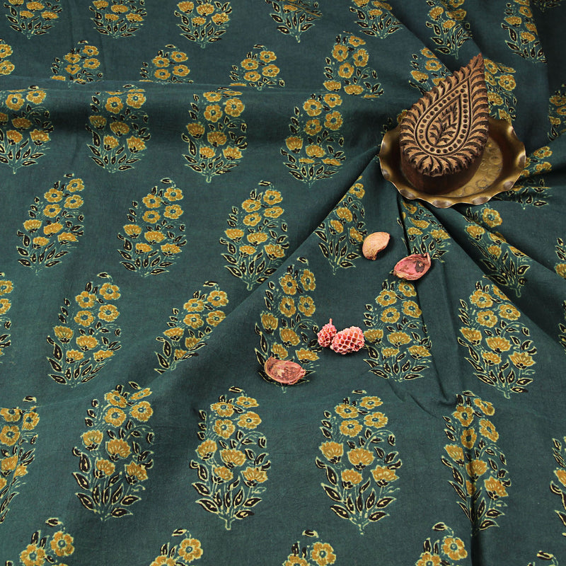 Ajrakh Mustard Floral Bunch Hand Block Printed Cotton Fabric