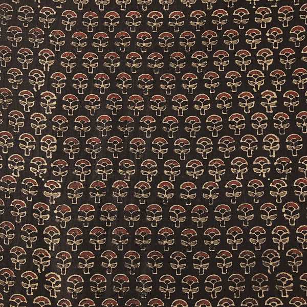 Black Ajrakh Mushroom Butti Hand Block Printed Chanderi Silk Fabric