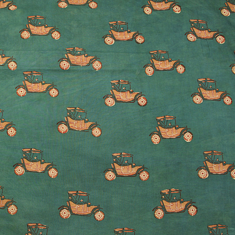 Quirky Car Hand Block Printed Natural Dyed Fabric