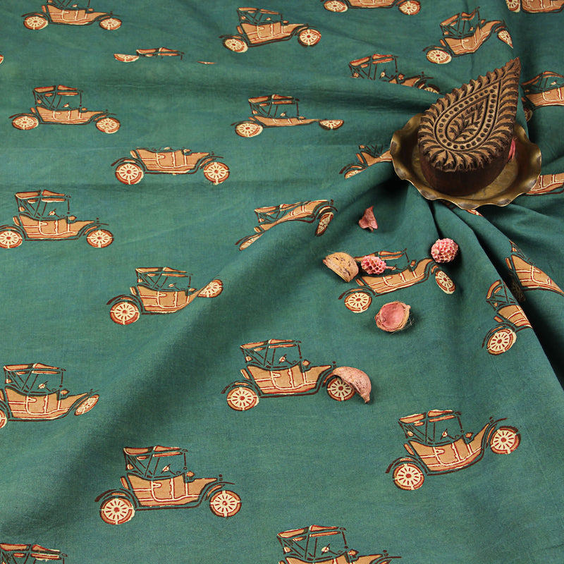 Quirky Car Hand Block Printed Natural Dyed Fabric
