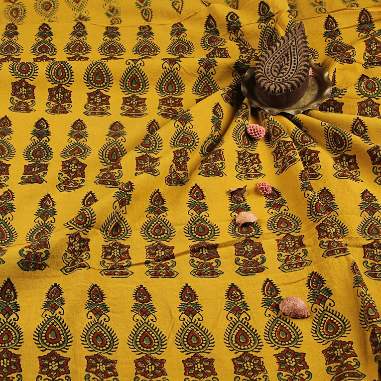Yellow Ajrakh Minar Butti Hand Block Printed Cotton Fabric