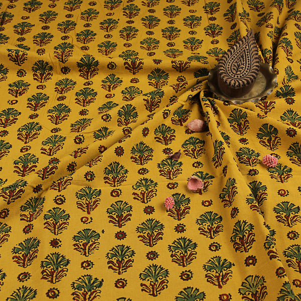 Yellow Ajrakh Jasmine Butti Hand Block Printed Cotton Blouse Fabric