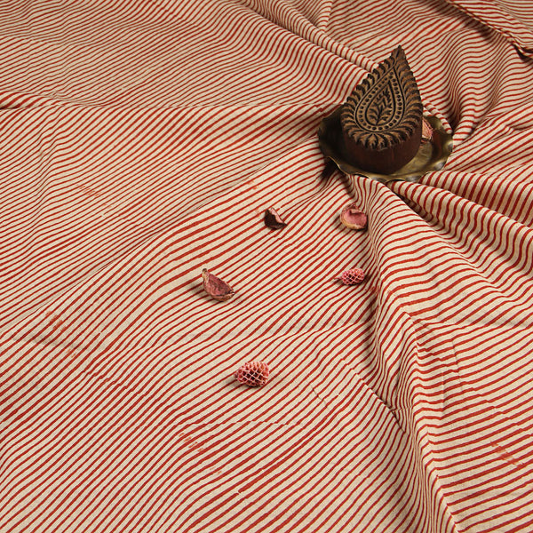 Off White Ajrakh Maroon Striped Hand Block Printed Mul Cotton Fabric