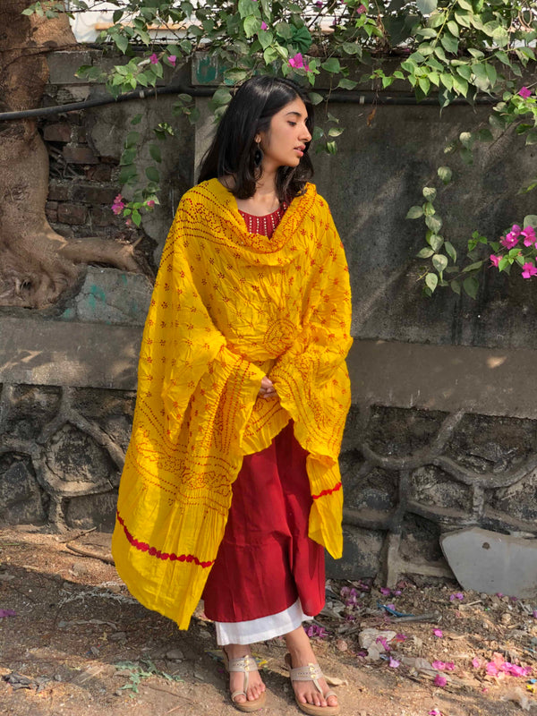 Bandhej Yellow Cotton Dupatta | Relove