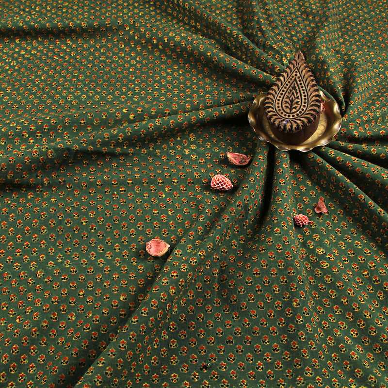 Green Ajrakh Red Tulip Butti Hand Block Printed Mul Cotton Fabric