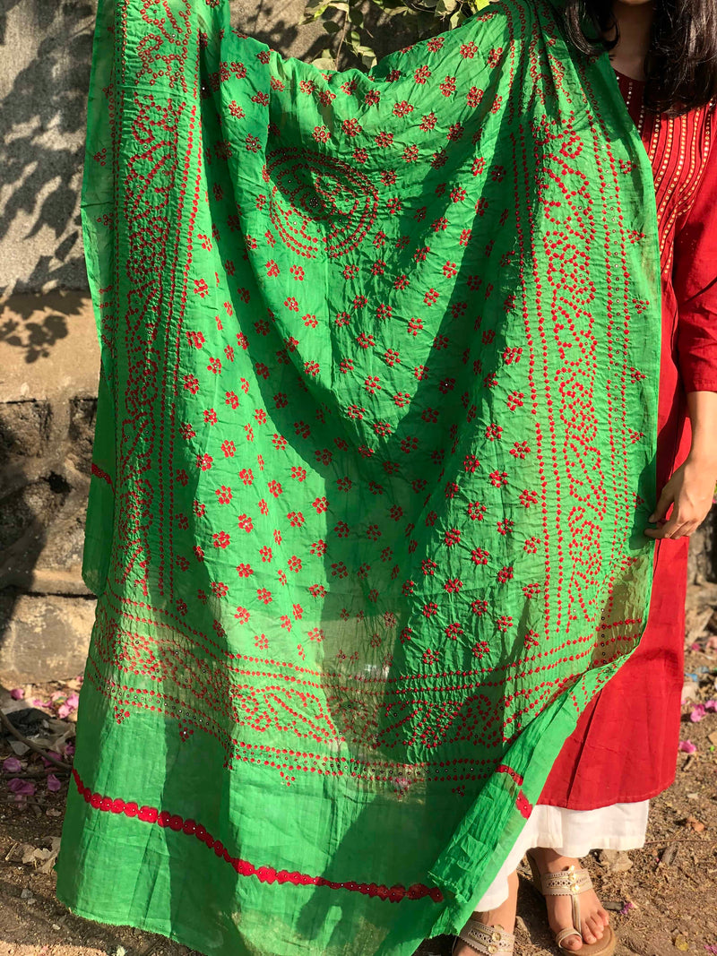 Bandhej Light Green Mirror Work Cotton Dupatta | Relove