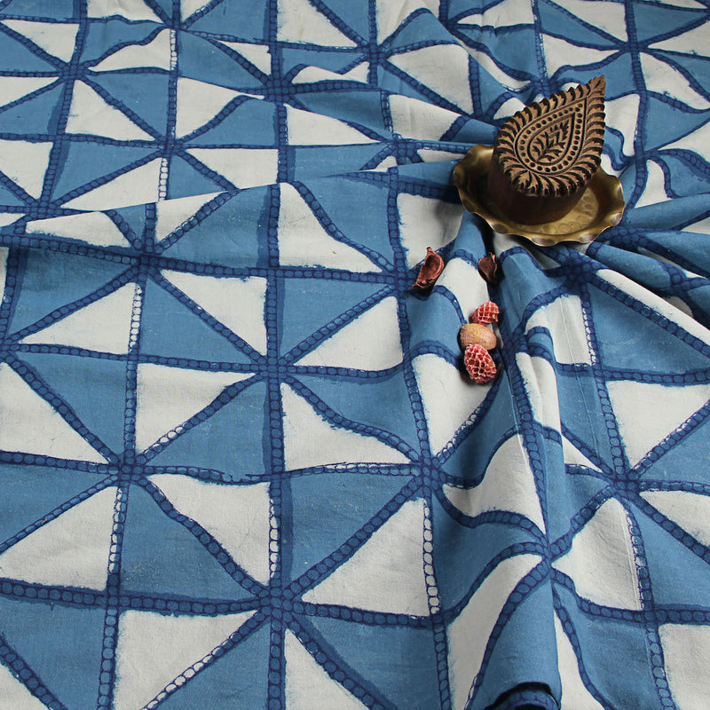 Dabu Hand Block Triangle Printed Indigo Natural Dyed Fabric
