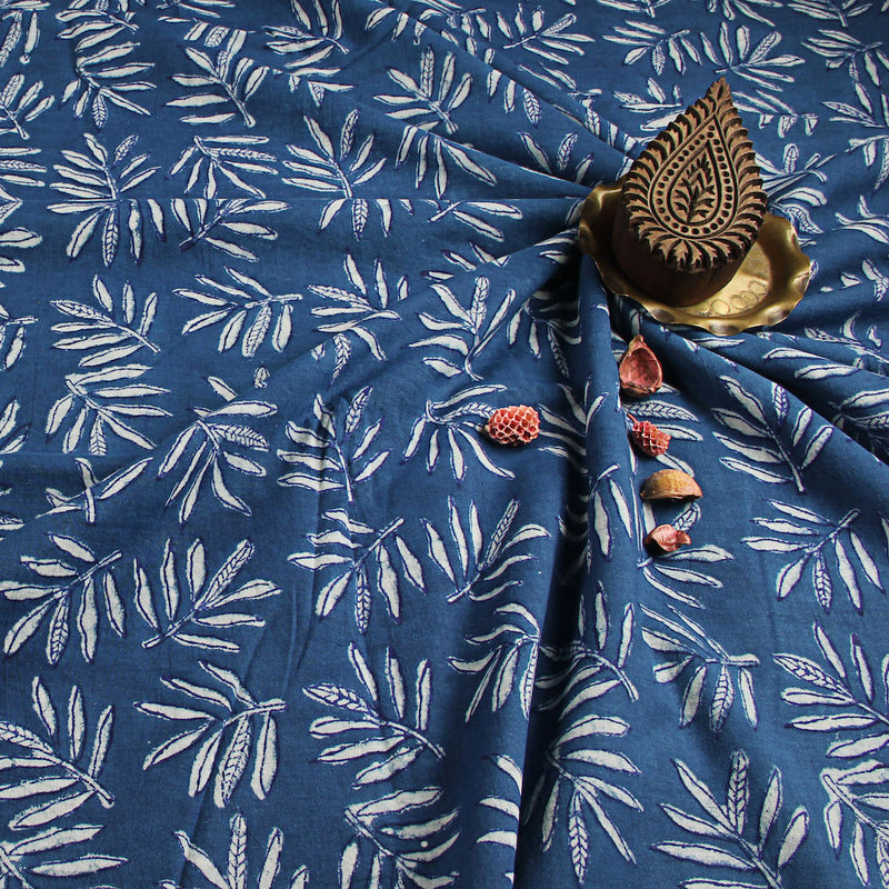 Blue Floral Hand Block Indigo Rayon Fabric
