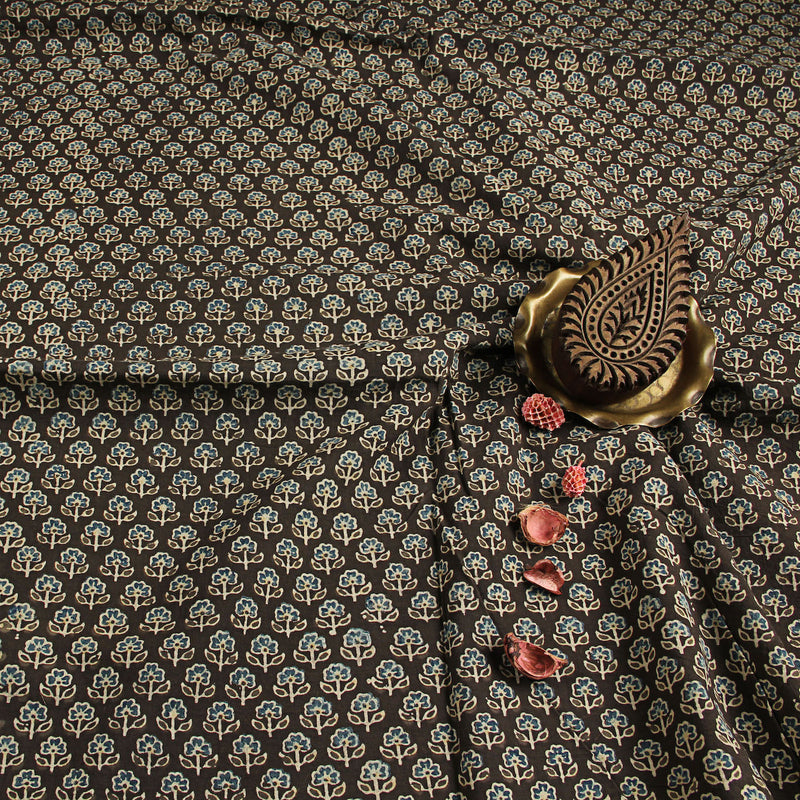 Ajrakh Brown & Blue Butti Hand Block Printed Cotton Fabric