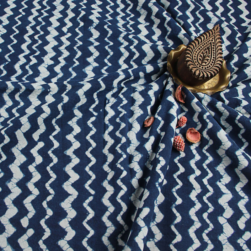 Dabu Hand Block Wave Printed Indigo Natural Dyed Fabric