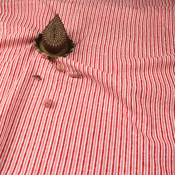 Sanganeri Red Stripes Hand Block Printed Cotton Fabric
