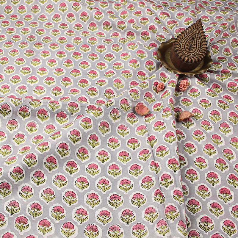 Sanganeri  Pink Floral Hand Block Printed Cotton Fabric