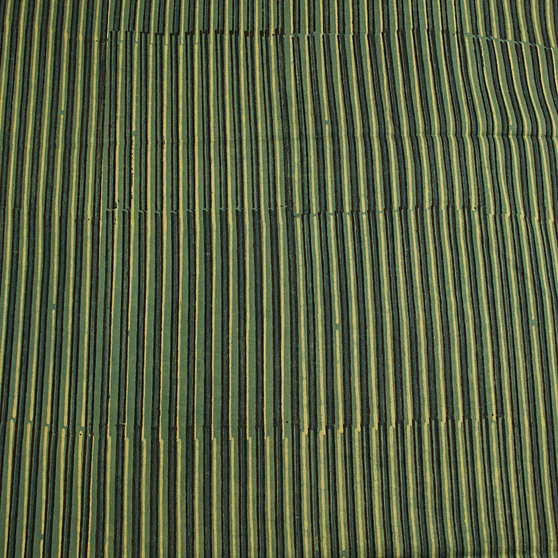 Green Striped Ajrakh Hand Block Printed Cotton Fabric