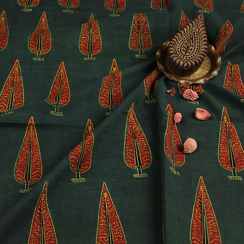Ajrakh Cypress Tree Butta Green Hand Block Printed Cotton Fabric