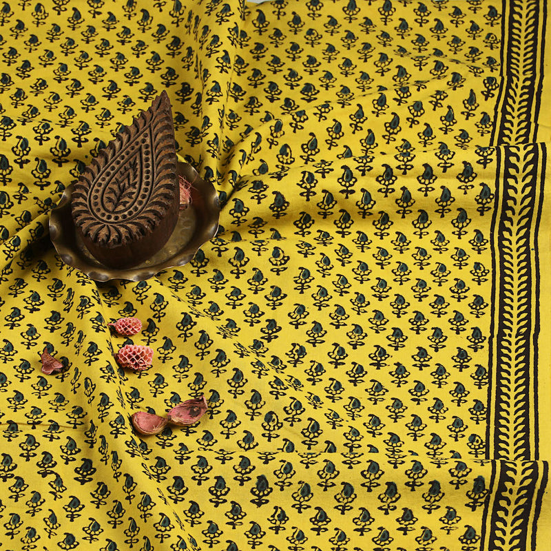 Bagru Small Leaf Yellow Butti Hand Block Printed Cotton Fabric