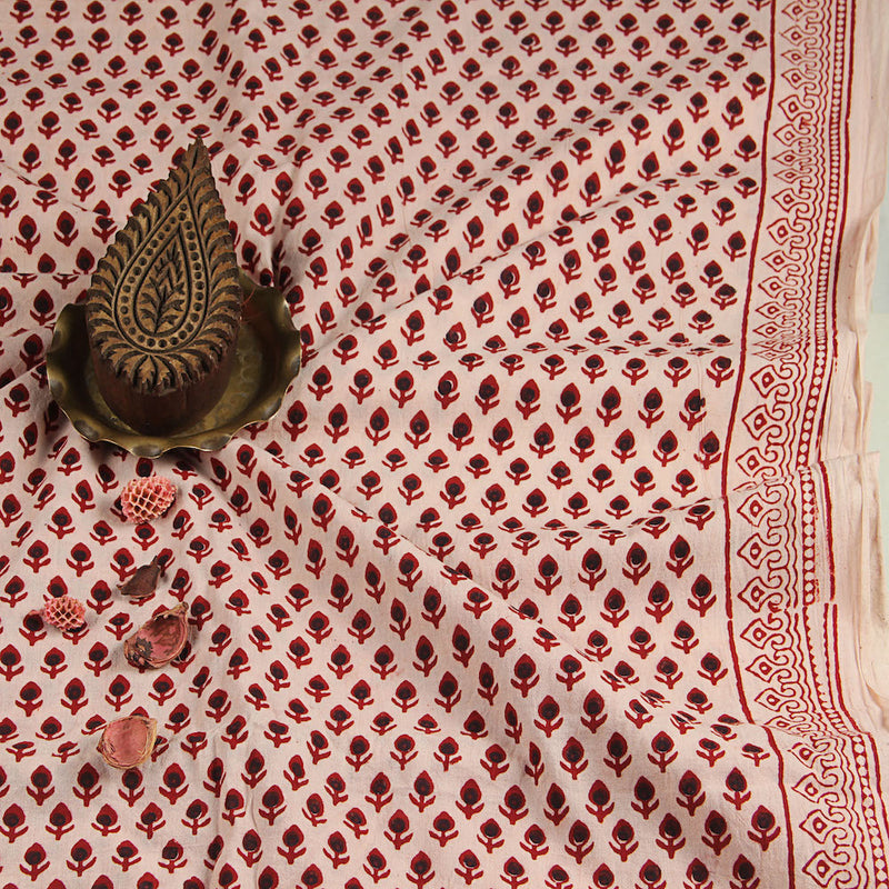 Bagh Small Leaf Butti Off White Hand Block Printed Cotton Fabric