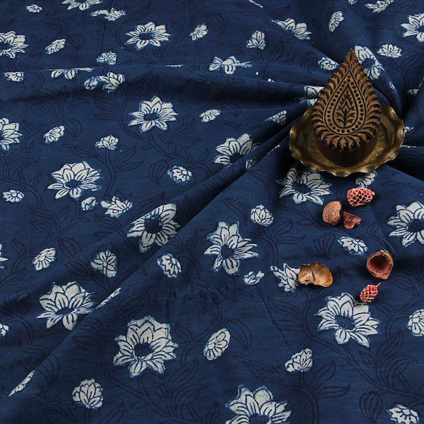 Dabu Flower Jaal Indigo Hand Block Printed Cotton Fabric