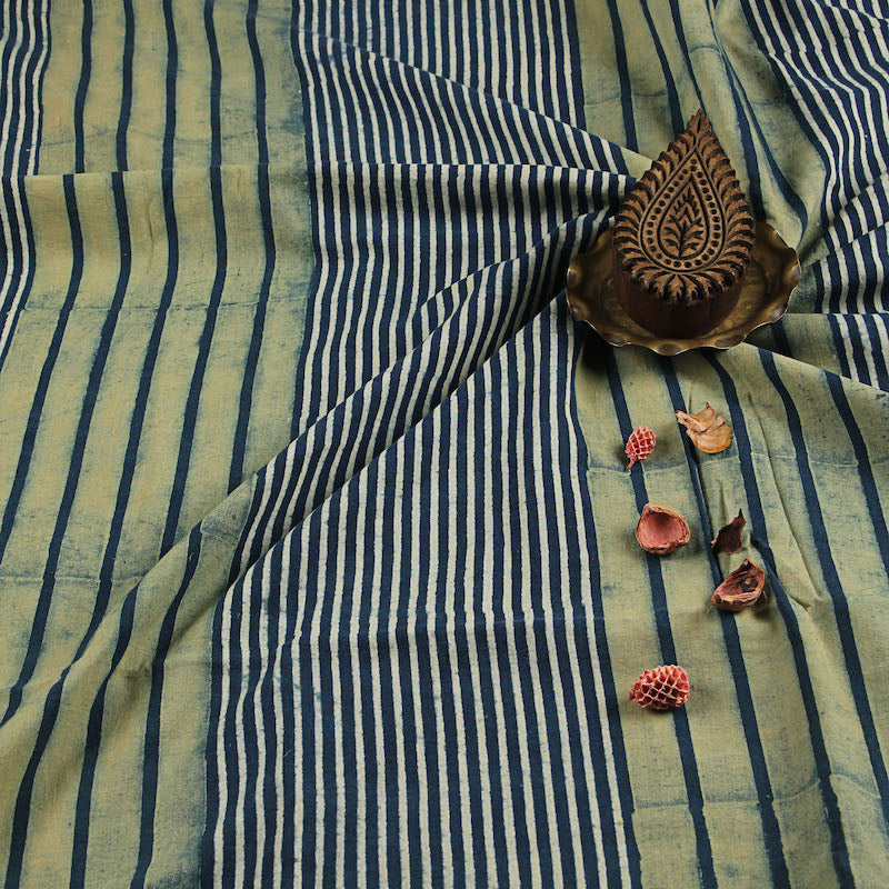 Ajrakh Striped Indigo Hand Block Printed Cotton Fabric