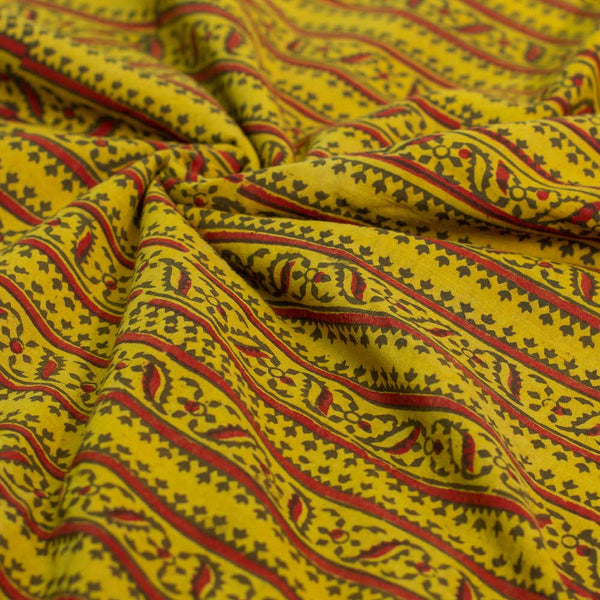 Mustard Ajrakh Border Hand Block Printed Cotton Fabric