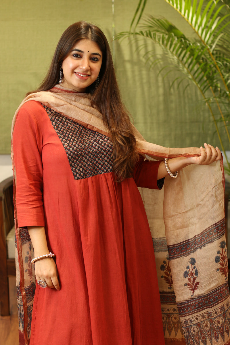 Nirvi Ajrakh Rust Red Pleated Kali Kurta