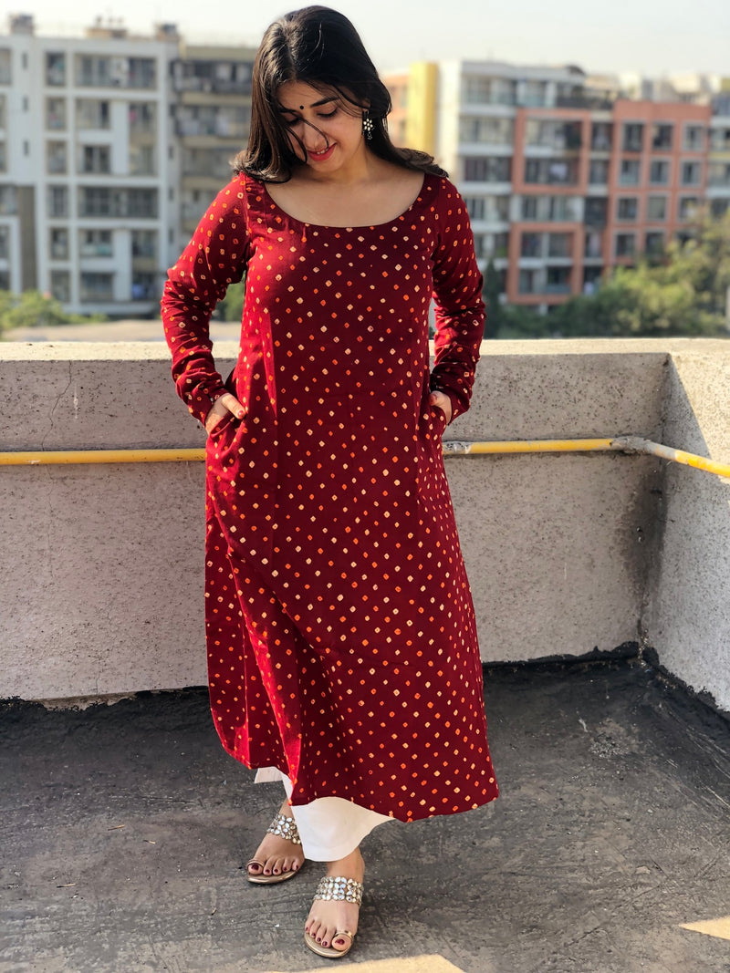 Maroon Cotton Bandhej Kurta