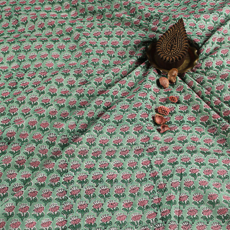 Sanganeri Flower Butti Mint Green Hand Block Printed Cotton Fabric