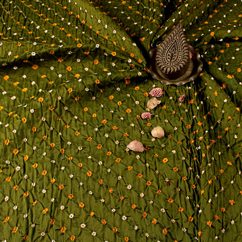 Bandhej Olive Green Small Dots Cotton Fabric