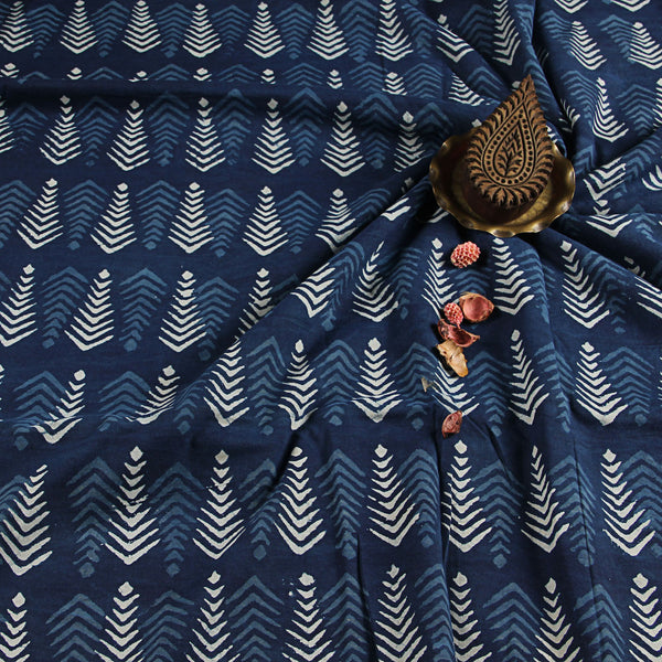 Dabu Indigo Leaf Butta Hand Block Printed Cotton Fabric