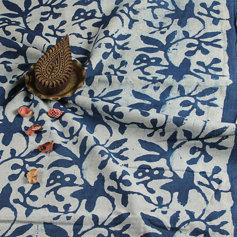 Dabu Indigo Floral Jaal Hand Block Printed Cotton Fabric