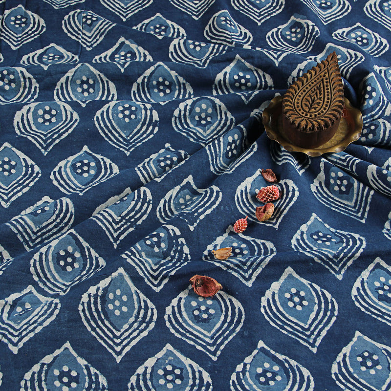 Dabu Indigo Leaf Butta Hand Block Printed Cotton Fabric