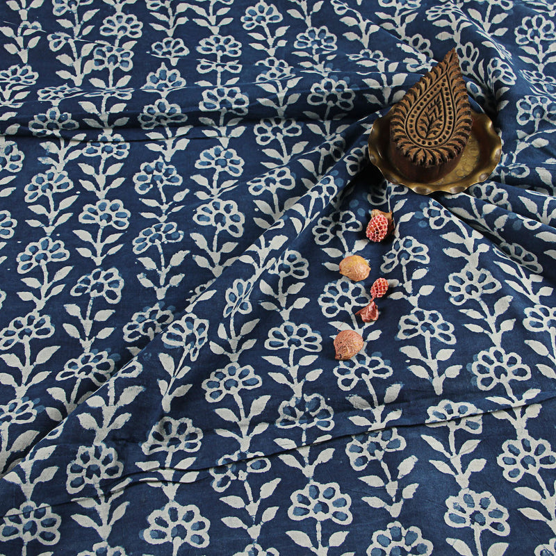 Dabu Indigo Floral Vel Hand Block Printed Cotton Fabric